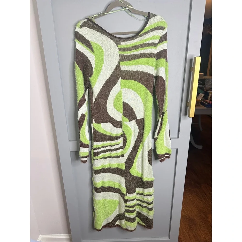 House of Sunny NWTSwirl Fuzzy Knit Midi Dress Green Brown Cut Out Back SIZE 10